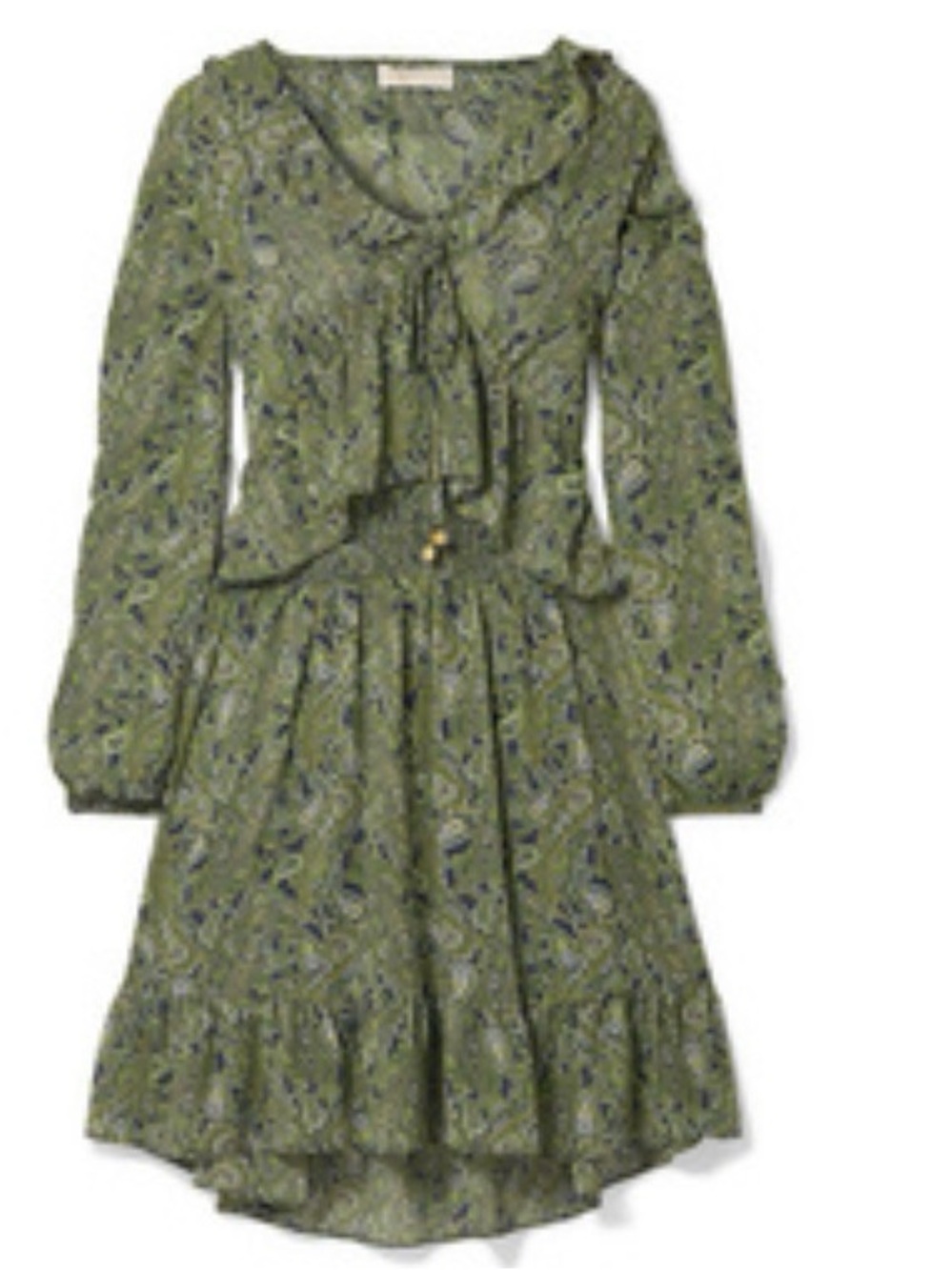 Michael Kors Green Paisley Tie-Front Long Sleeve Dress